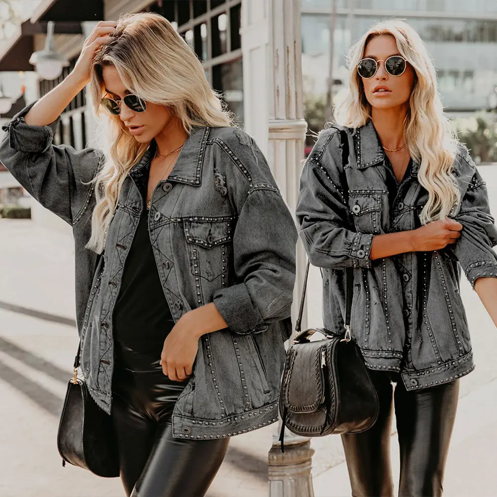 2022 Bán Buôn Của Phụ Nữ Quá Khổ Thanh Lịch Đinh Tán Ripped Đau Khổ Denim Áo Sơ Mi Jean Áo Khoác Cho Phụ Nữ