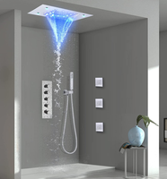 Système de douche thermostatique chromé en laiton avec pommeau de douche cascade LED 14x20 pouces, barre de douche coulissante pour spa et salle de bain