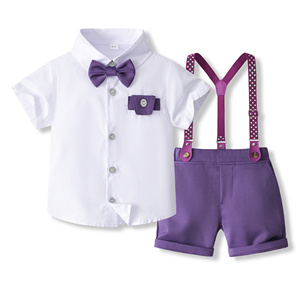 Catpapa En gros Ensemble 3 pièces pour garçons : <span class=keywords><strong>Chemise</strong></span> unie, Nœud papillon, Short à bretelles à imprimé étoiles – Tenue de cérémonie - Product Image 1