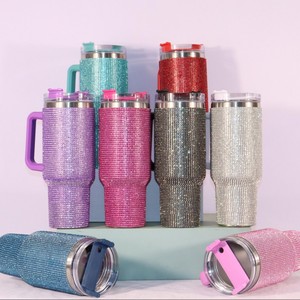 Stainless Steel Tumbler 40Oz Rhinestone Insulated Water <b>Bottle</b> With Straw For Travel Car Outdoor Sports Home Office Use - Product Image 1