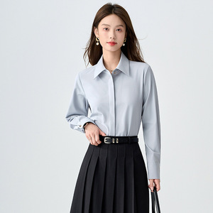 Women's <b>Light</b> Blue Long Sleeve Shirt Solid Color Poplin Office Wear Slim Fit Blouse For <b>Work</b> And Commuting - Product Image 1