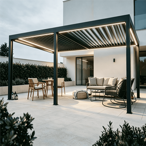 Pergola moderne en aluminium avec éclairage LED et toit à lames orientables, gazebo bioclimatique à deux zones <span class=keywords><strong>pour</strong></span> l'accueil des événements - Product Image 1