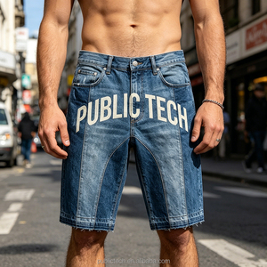 Custom Vintage Stone Wash Panel Spliced Denim Jorts Screen Print Raw Hem Knee Length Hip Hop <b>Mens</b> Shorts <b>Jeans</b> OEM Cut and Sew - Product Image 3