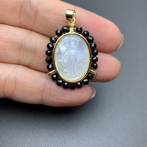 Colgante de medallón con piedra de ágata envuelta, oro de 18k, chapado en oro, concha de perla Madre, Virgen Marí<span class=keywords><strong>a</strong></span>, Señora de Guadalupe - Product Image 5