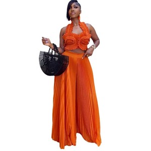 Mùa Hè Mùa Thu Màu Sắc Tinh Khiết Pleated Halter <span class=keywords><strong>Crop</strong></span> Tops Và Rộng Phù Hợp Dài Quần Hai Mảnh Cộng Với Kích Thước Bộ Phụ Nữ - Product Image 5