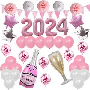New Product 2024 New Year Party Balloon Set Five Point Star Wine Bottle Paper Flower Flag Pulling Balloon Party Decoration