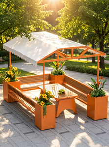 Ensemble table et chaises en plastique imitation bois pour extérieur, idéal pour jardin, <span class=keywords><strong>terrasse</strong></span>, avec pots de fleurs et caractéristiques imperméables - Product Image 2