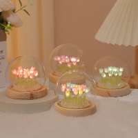 Bouquet de tulipes et de lys DIY sous cloche en verre, veilleuse LED faite à la main, lumière chaude, base en bois, rose, violet, bleu, cadeau romantique, 10 cm