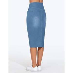 Jupe mi-longue en jean extensible à taille haute pour femme FOXA avec fente avant et poches, silhouette crayon - Product Image 3