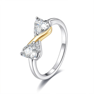 Bague en argent sterling S925 avec nœud papillon et deux cœurs en moissanite, design bicolore, bijou de promesse de mariage, cadeau pour femme - Product Image 1