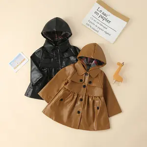 经典儿童女童外套夹克儿童Pu皮革带帽单排扣口袋实心女童摩托车夹克