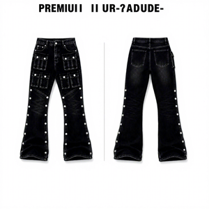 Jean cargo évasé noir délavé personnalisé en denim multi-poches 420 g/m² avec coutures cloutées argentées, délavage vintage, style streetwear OEM ODM - Product Image 3