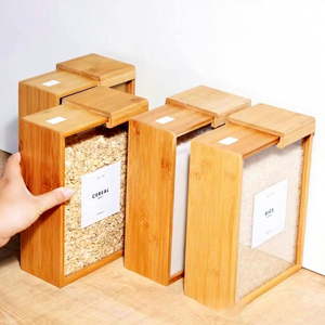 बांस का लकड़ी के बहु-अनाज भंडारण बॉक्स के लिए स्लाइडिंग ढक्कन वर्ग रसोई भोजन कंटेनर के साथ मसाला शहद अनाज भंडारण बॉक्स - Product Image 3