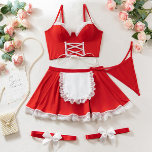 Ensemble uniforme de Noël 3 pièces pour jeu de rôle de femme de chambre, style mignon, avec soutien-gorge européen sexy à lacets croisés sur le devant et détails en dentelle - Product Image 6