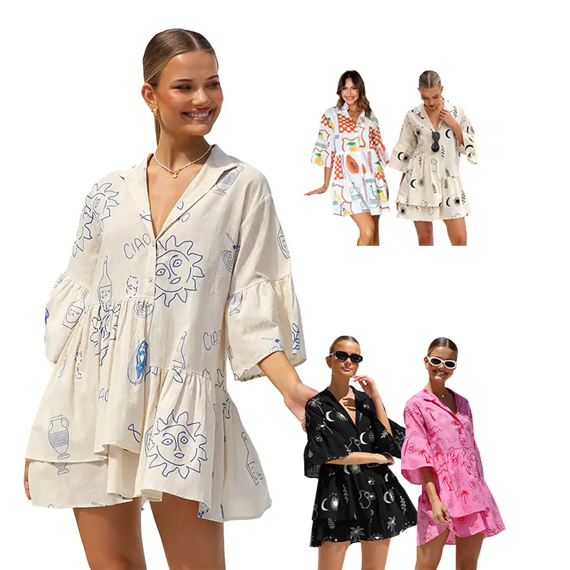 Vestido de verão bonito com estampa de trompete, blusa de férias para meninas, vestido de camisa de luxo estilo étnico para mulheres, 2024, moda de verão quente