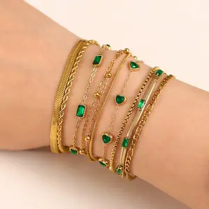 New Trend Green Zircon Bracelet 18k Pvd Gold Plated Stainless Steel Chain Bracelet Wholesale Ladies Jewelry