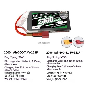 Batteria al Litio 2000mAh 7.4V 3S 11.1V 20C Nera per Modelli di Aerei ad Ala Fissa, Auto, Barche e Droni UAV con Tensione 3.2V - Product Image 2