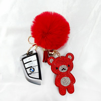 Joli porte-clés pour femme, breloque de sac multicolore en peluche, pompon et ours en peluche orné de cristaux