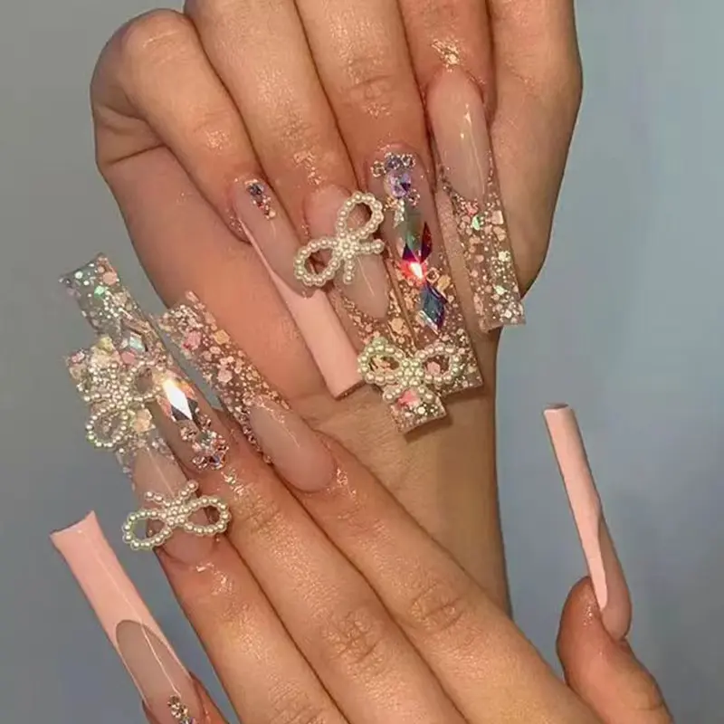 Luxe longue ballerine cercueil brillant diamant paillettes vente en gros ongles art presse sur les ongles artificiels personnalisés personnaliser ongles