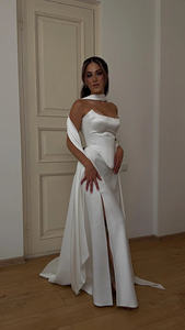 Mily gaun pengantin MHL636, Bustier tanpa lengan dan rok Maxi Satin belah 2 potong korset gaun pernikahan dengan syal - Product Image 4