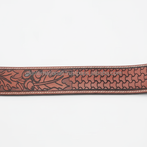 Full Grain Cowhide Men's Fashion Western Leather <b>Tooling</b> Belt with floral <b>engraved</b> brass buckle <b>tooled</b> leather belt - Product Image 1