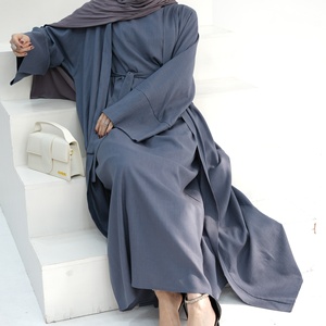 Vendita all'ingrosso della tunica di tacchino di Ramadan Dubai modesto Set in due pezzi semplice abito da donna musulmano donna aperta abaya lino Dres - Product Image 4