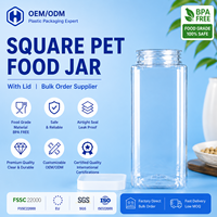 Pot en plastique PET transparent carré personnalisé de qualité alimentaire OEM pour aliments secs pour animaux, sucre, épices, aliments en conserve et collations - Étanche et sans BPA