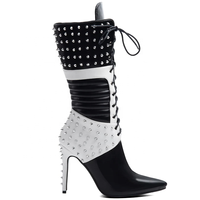 Nouvelle Arrivée 2026 – Bottines Stiletto Noires et Blanches à Lacets avec Clous Argentés pour Femme – Bottes Courtes d'Hiver 10 cm