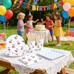 DAMAI Picnic Kids Birthday Party Supplies Blue Square Plaid Plate With Red Cherry <b>Disposable</b> <b>Tableware</b> Paper Napkins Cups Plates - Product Image 2