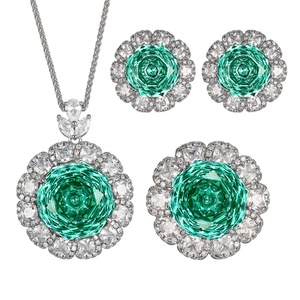 Fashion Eco-friendly Copper Flower 3pcs Set Jewelry 18-16mm Paraiba Green Zirconia Floral Necklace <b>Earrings</b> Ring Matching Set - Product Image 1