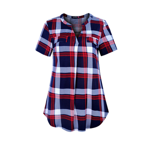 Camicia Estiva Casual a Quadri con Scollo a V e <span class=keywords><strong>Maniche</strong></span> <span class=keywords><strong>Corte</strong></span> per Donna con Tasche sul Petto - Product Image 3
