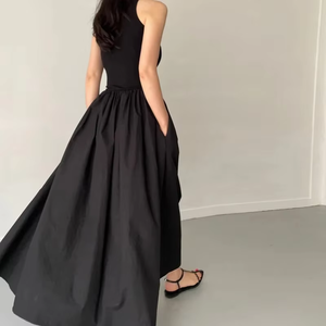 Nuevo verano Simple elegante negro vestidos largos para mujer cuello redondo sin mangas cintura alta temperamento Vestido de estilo de moda femenina - Product Image 6