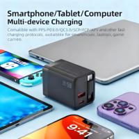 Cargador de Pared de Alta Velocidad 3 en 1 GaN de 65W con Cable Tipo-C Retráctil, Carga Rápida PD3.1 para Teléfono y Tableta, Enchufe EU, US, UK