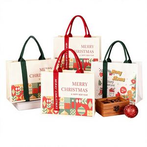 Sac fourre-tout en toile à motif géométrique pour la veille de Noël, avec logo Joyeux Noël, haut de gamme, tridimensionnel, bandoulière et poignée en ruban - Product Image 1