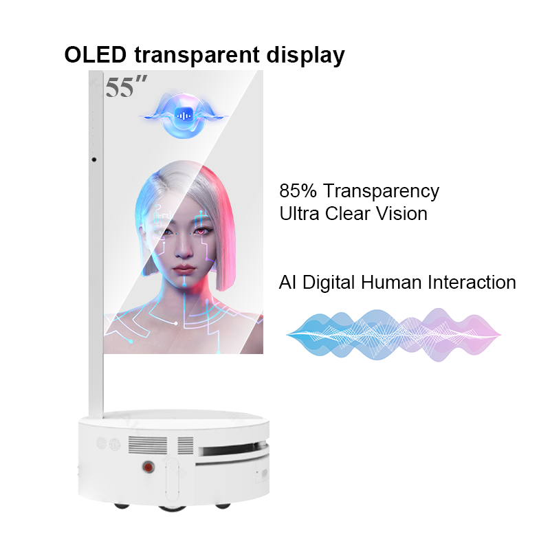 55 дюймов прозрачный Ooled AI Assistant цифровой вывески портретный экран Интеллектуальный магазин рекламы IP65 обслуживание клиентов