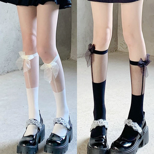 Mu Ruan Bow Tie Women's Mid Calf Lolita Style Knee Socks Transparent <b>Side</b> Ribbon Black <b>White</b> Cotton Summer Thin Sock - Product Image 2