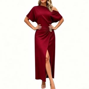 Abito lungo da donna con spalle scoperte, arricciato, scollo asimmetrico, spacco, <span class=keywords><strong>per</strong></span> serate formali, con fibbia decorativa, Sehe Fashion - Product Image 3