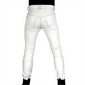 <b>Men's</b> White Genuine Sheep <b>Leather</b> Quilted Plus Size Moto Biker Pants Mid Waist Zipper Fly Breathable Straight Fit Winter Style - Product Image 4