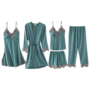 Pizzo 5 pz set pigiama da donna in morbida seta con bretelle da notte da donna camicia da notte da donna - Product Image 4
