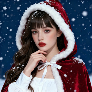 Cape de Père Noël en velours rouge à capuche avec bordure en fourrure blanche, style long, veste d'hiver pour femme adulte, rembourrée en polyester - Product Image 3
