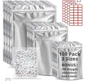 Premount 100 Mylar बैग के लिए खाद्य भंडारण के साथ ऑक्सीजन अवशोषक 300cc - 1 गैलन 4 लाख 10 "x 14", 6 "x 9", 4 "x 6" - Resealable बैग