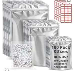 Sacs prémontés en Mylar 100 pour le stockage des aliments avec absorbeurs d'oxygène 300cc - 1 gallon 4 mil 10 "x 14", 6 "x 9", 4 "x 6"-Sacs refermables