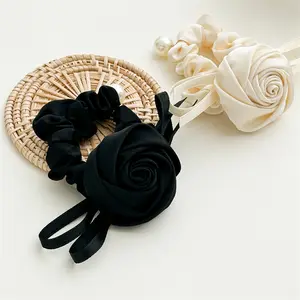 Rosa Haarbande große Blume Scrunchies Damen elastisches Gummiband elegantes Retro-Perlenanhänger Haarband für Mädchen