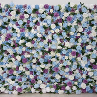 MoKtong Blaue Blumenwand-Kulisse 8x8 ft 5D Roll-up mit Echt Aussehenden Seidenrosen Hortensien Grünzeug für Hochzeit Party Dekoration