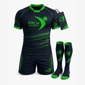 Ensemble d'uniformes de rugby unisexes FitLiv International, bleu foncé et vert, polyester respirant, taille adulte, service OEM, couleurs personnalisées - Product Image 1