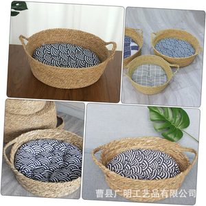 Lit pour animaux de compagnie rond en coton rembourré, panier en rotin doux, lit pour chat et chien, couleur lin, lavable à la main, utilisation toute saison - Product Image 2