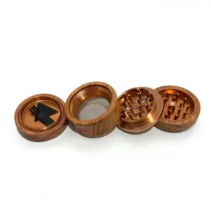 Wholesale Aluminum Alloy Spice Grinder 4- Layer 63mm Wooden Metal Grinder With Shatter Sifter Scraper Set