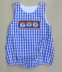 Combinaison orange brodée main pour filles, motif visage de tigre, avec empiècement bleu roi et manches volantées, pour bébés et tout-petits, style bulle d'été - Product Image 3