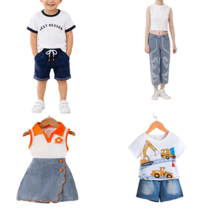 Nouvelles tenues d'été pour enfants, ensembles de vêtements en coton pour enfants avec t-shirt, jupe en jean, pantalon et débardeur pour garçons et filles - Product Image 4