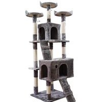 Arbre d'activités pour chat en peluche grise, grande tanière pour chat, plusieurs zones de repos, jouet interactif suspendu pour chat, poteaux à gratter en sisal pour usage domestique